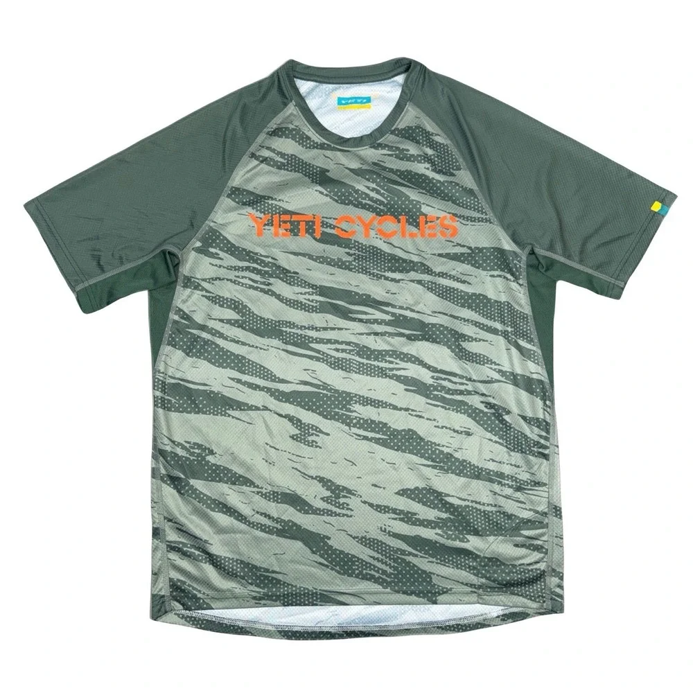 Yeti Cycles MTB Jersey Mens Large Sage Green Tiger Stripe Camo Trail Cycling Tee - Picture 2 of 12